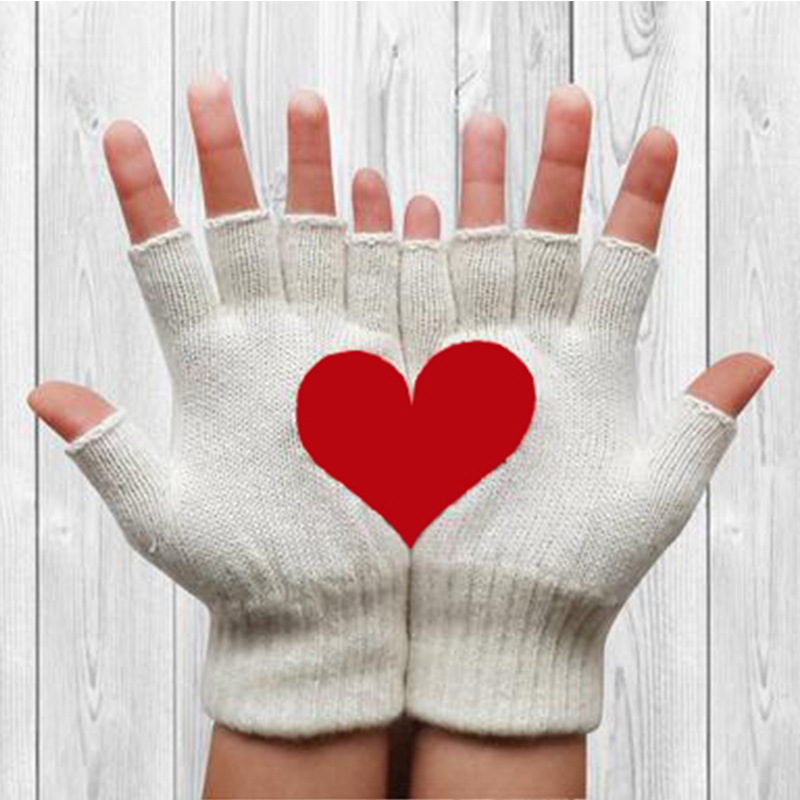 Women Woolen Cartoon Heart Outdoor Coldproof Half-finger Gloves